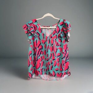 Umgee Women’s Bright Teal & Hot Pink Animal Printed V-Neck Flutter Sleeves Large